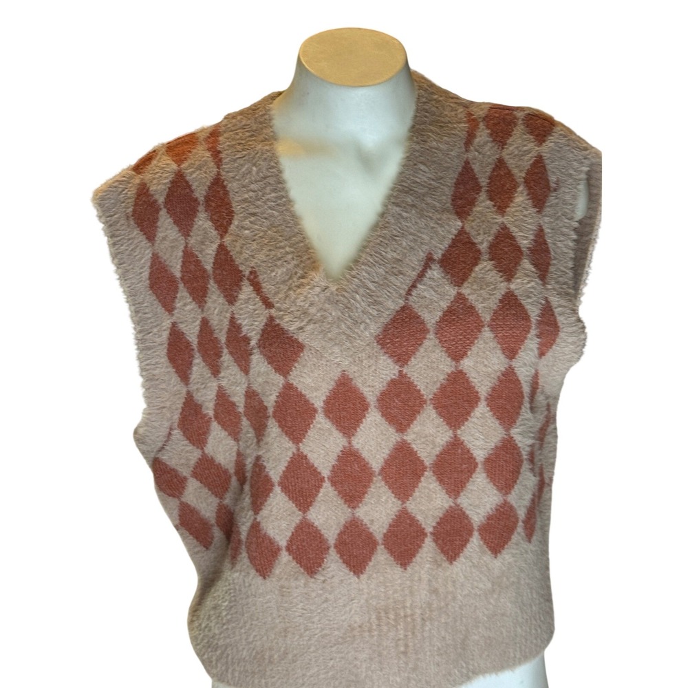 Sincerely Jules Tan Rust Argyle Fuzzy Knit V-Neck Sweater Vest Small